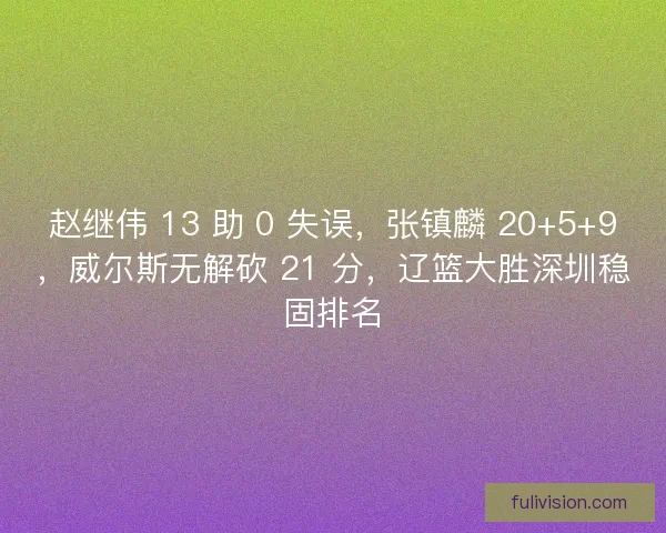 赵继伟 13 助 0 失误，张镇麟 20+5+9，威尔斯无解砍 21 分，辽篮大胜深圳稳固排名